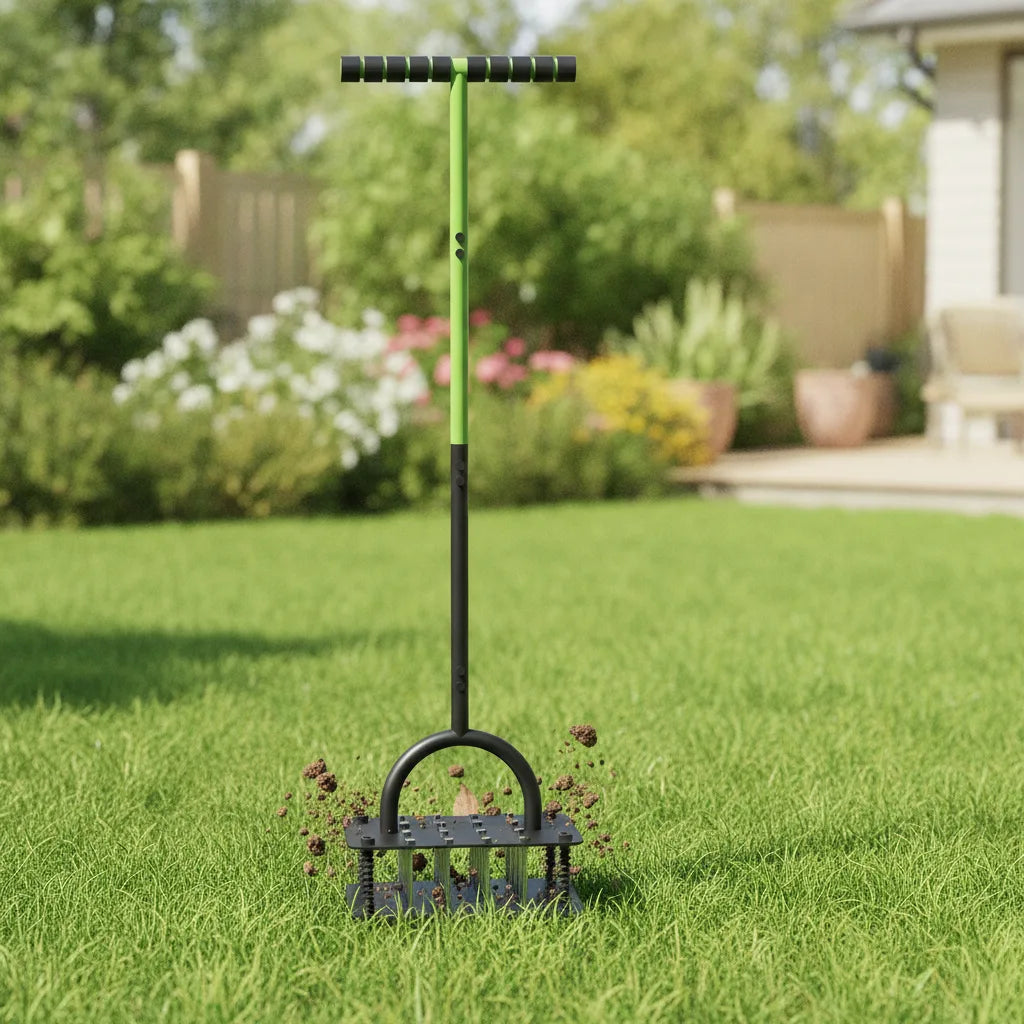 Lawn Aerator Height-Adjustable Handle Self-Cleaning 15 Tines