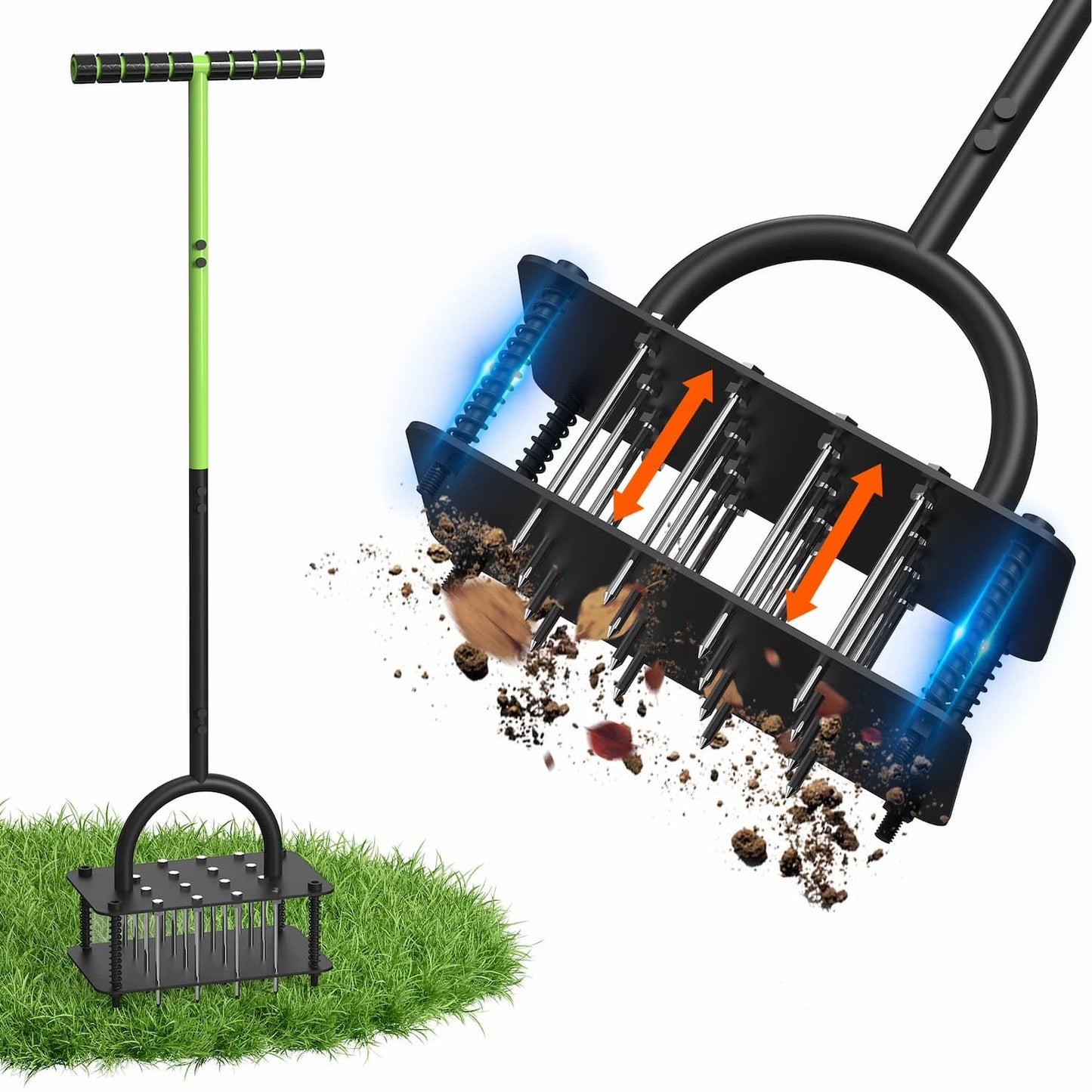 Lawn Aerator Height-Adjustable Handle Self-Cleaning 15 Tines