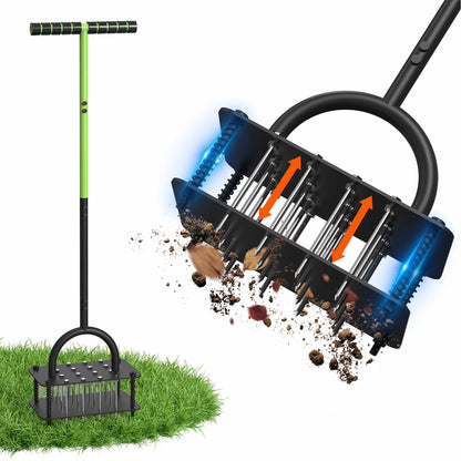 Lawn Aerator Height-Adjustable Handle Self-Cleaning 15 Tines
