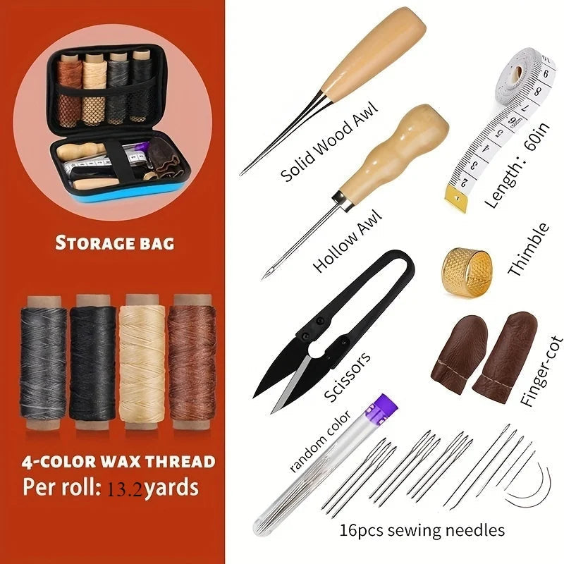 Leather Sewing Kit Waxed Tear-Resistant Thread & 16 Needles