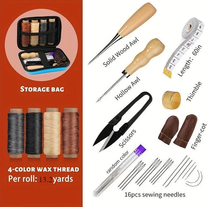 Leather Sewing Kit Waxed Thread Precision Needles Zip Pouch