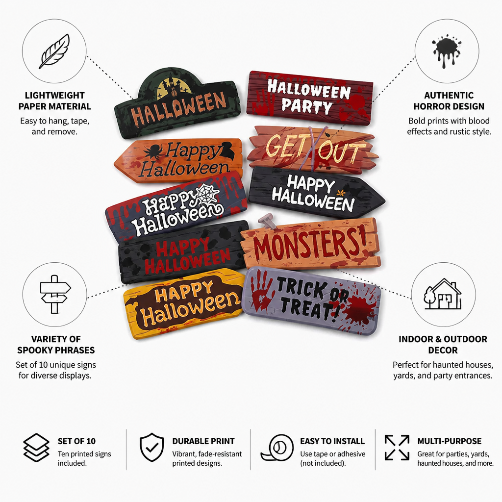 Lightweight Paper Easy-Hang Halloween Signs (Set of 10)