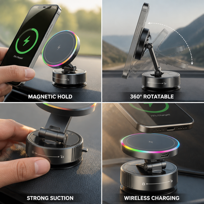 Magnetic 360° Rotatable Vacuum Suction Car Phone Mount (15W Wireless Charger)