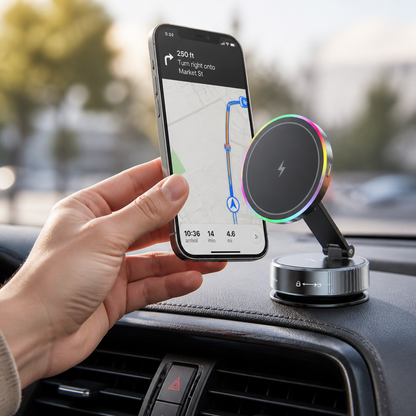 Magnetic 360° Rotatable Vacuum Suction Car Phone Mount (15W Wireless Charger)