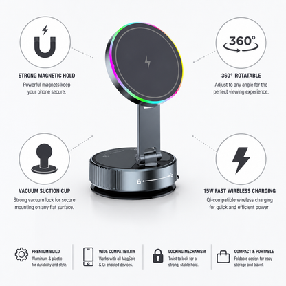 Magnetic 360° Rotatable Vacuum Suction Car Phone Mount (15W Wireless Charger)