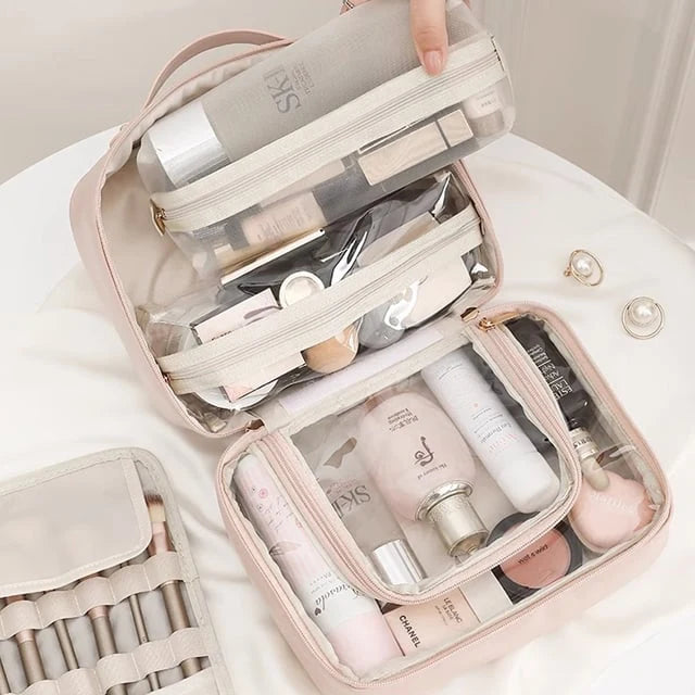 Makeup Bag Clear Compartments & Water-Resistant Textile