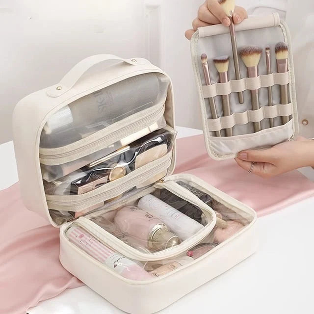 Makeup Bag Clear Compartments & Water-Resistant Textile