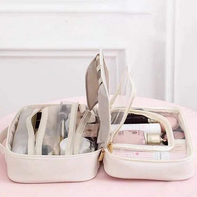 Makeup Bag Clear Compartments & Water-Resistant Textile
