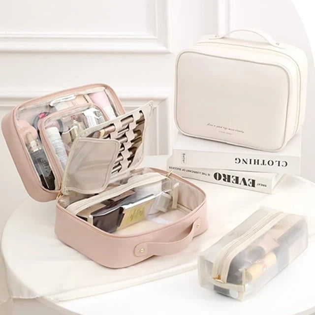 Makeup Bag Clear Compartments & Water-Resistant Textile