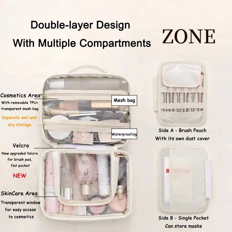 Makeup Bag Clear Compartments & Water-Resistant Textile