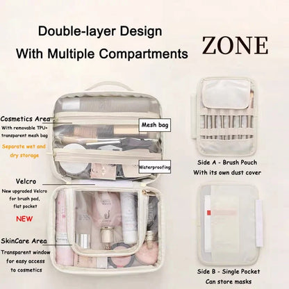 Makeup Bag Clear Compartments & Water-Resistant Textile