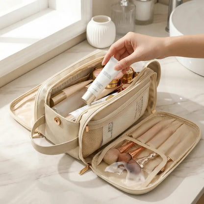Makeup Bag Waterproof PU Leather Dual-Zip & Brush Protectors