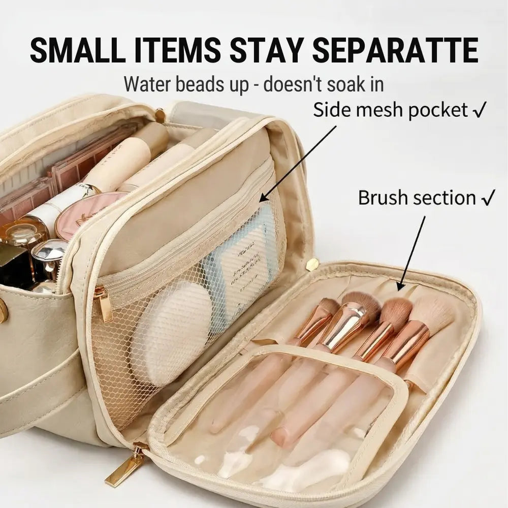 Makeup Bag Waterproof PU Leather Dual-Zip & Brush Protectors