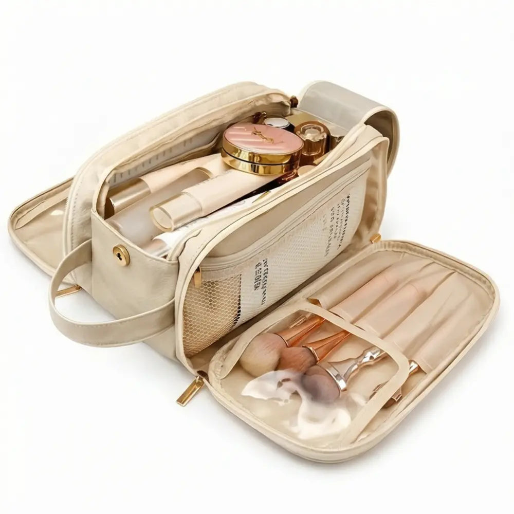 Makeup Bag Waterproof PU Leather Dual-Zip & Brush Protectors