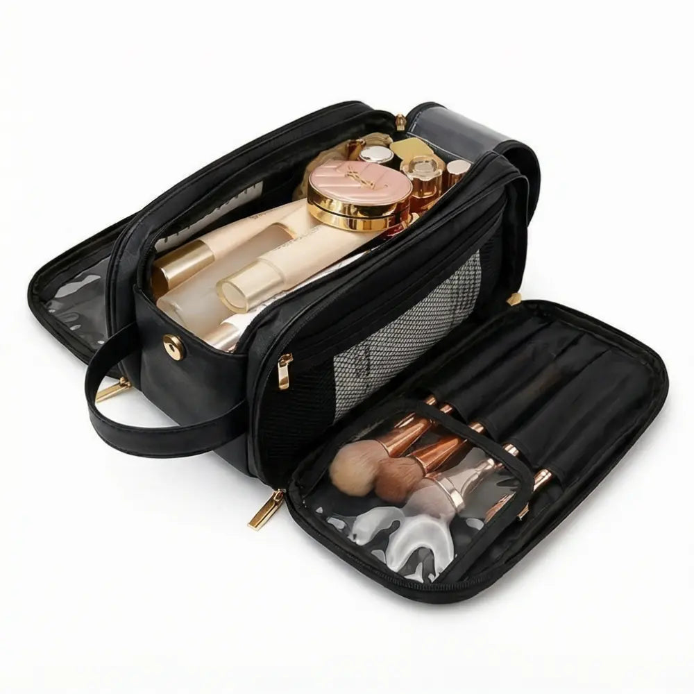 Makeup Bag Waterproof PU Leather Dual-Zip & Brush Protectors