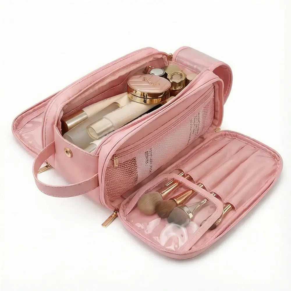 Makeup Bag Waterproof PU Leather Dual-Zip & Brush Protectors