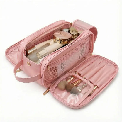 Makeup Bag Waterproof PU Leather Dual-Zip & Brush Protectors