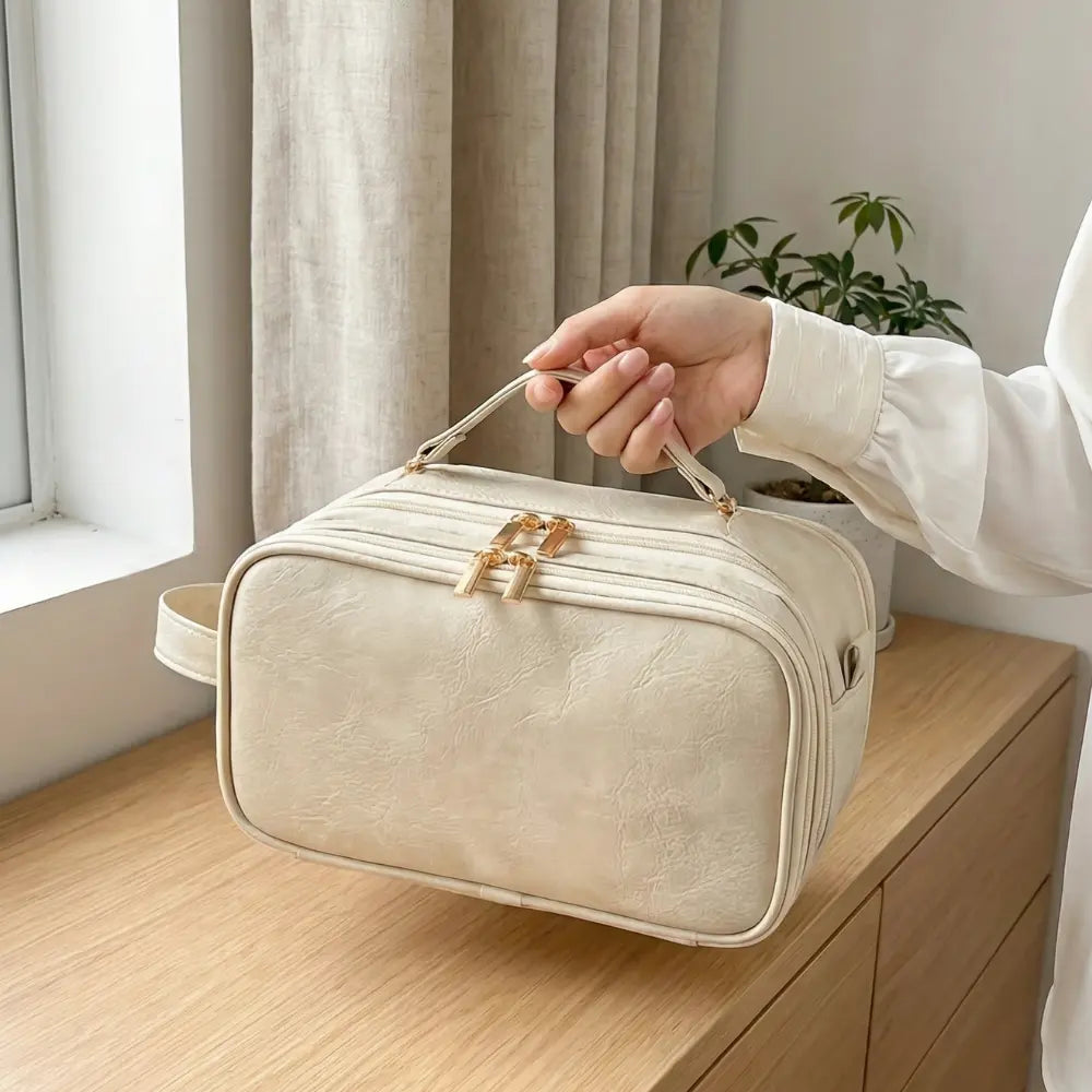 Makeup Bag Waterproof PU Leather Dual-Zip & Brush Protectors