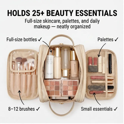 Makeup Bag Waterproof PU Leather Dual-Zip & Brush Protectors
