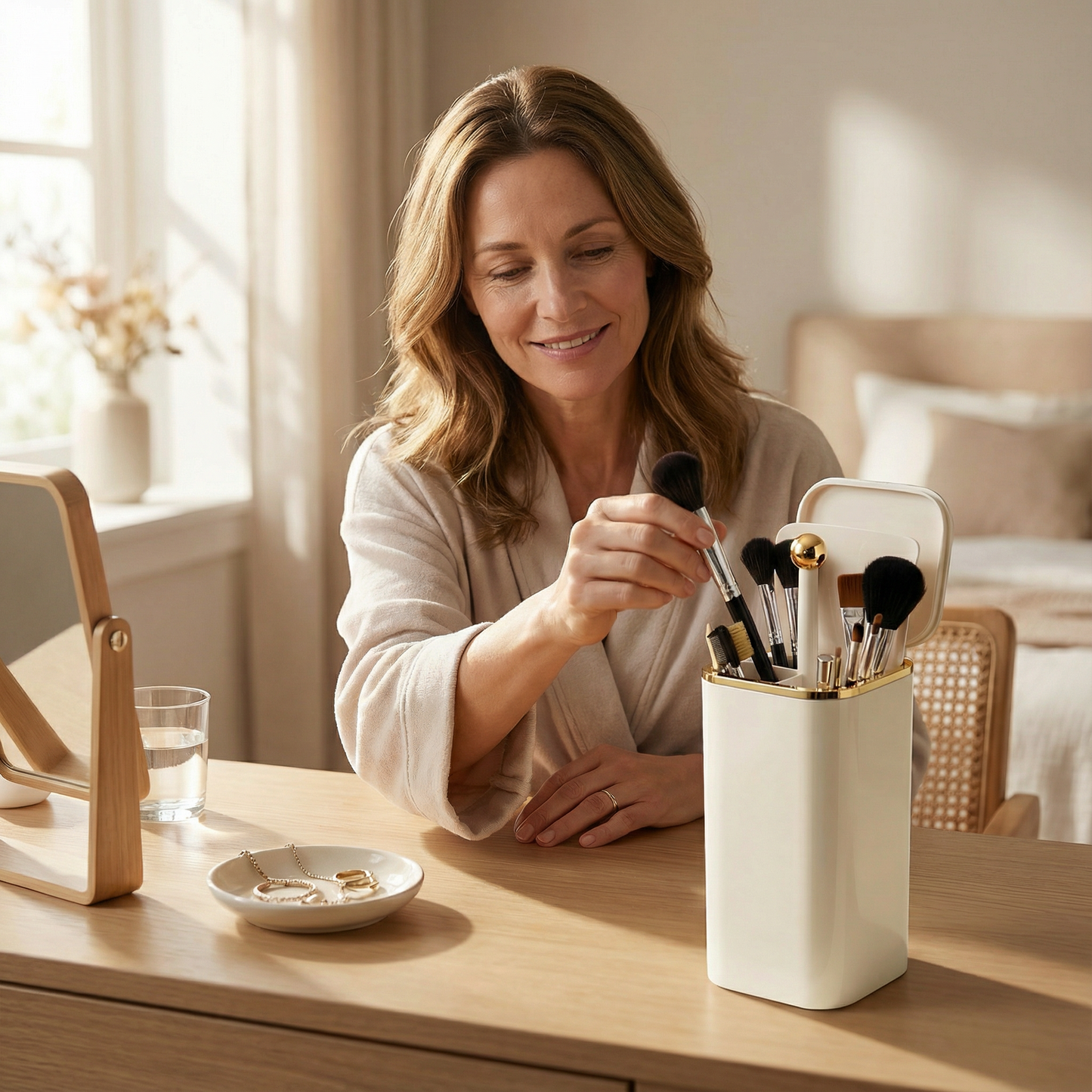 Makeup Brush Holder Spring-Loaded Lift Airtight Lid