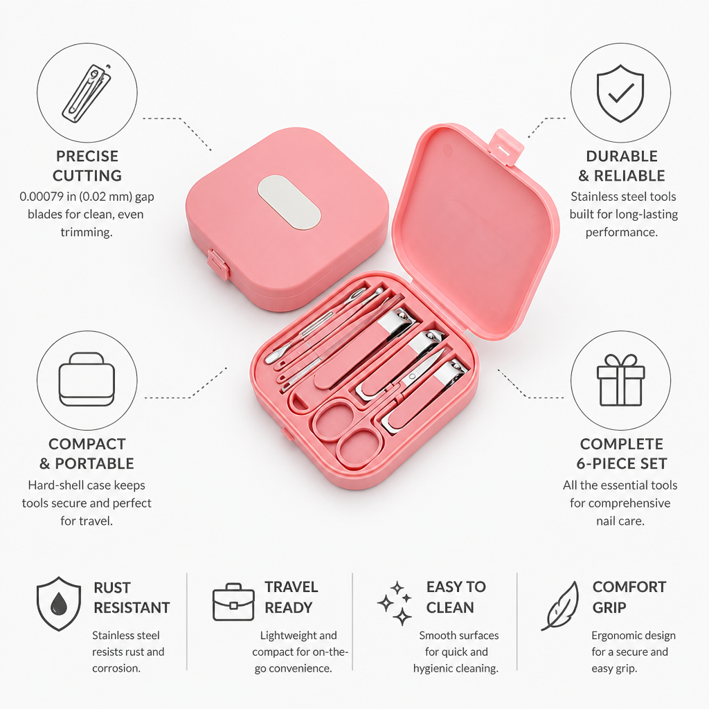Manicure Set Stainless Steel 6-Piece Hard-Shell Case