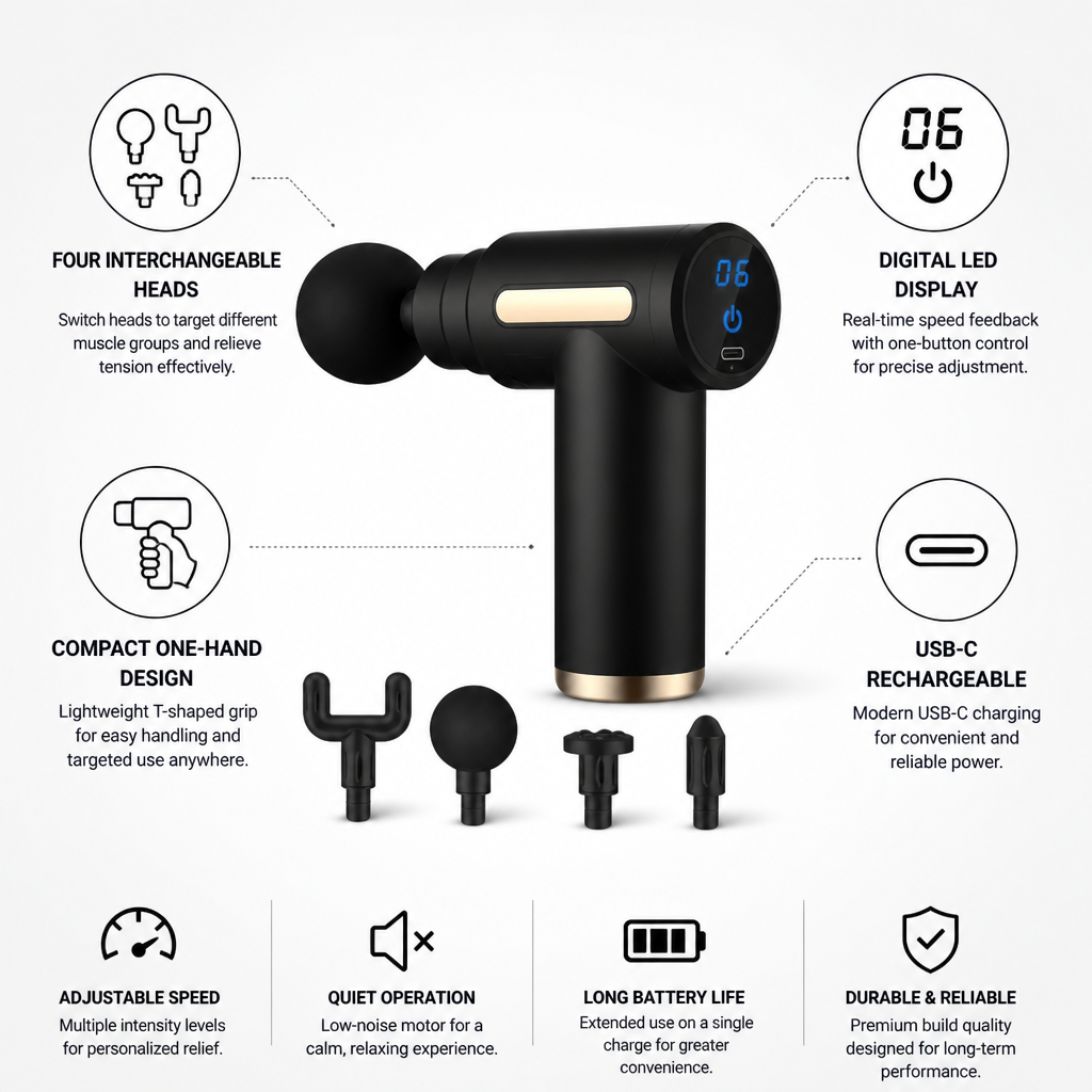 Massage Gun T-Handle Four Interchangeable Heads LED Display
