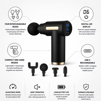 Massage Gun T-Handle Four Interchangeable Heads LED Display