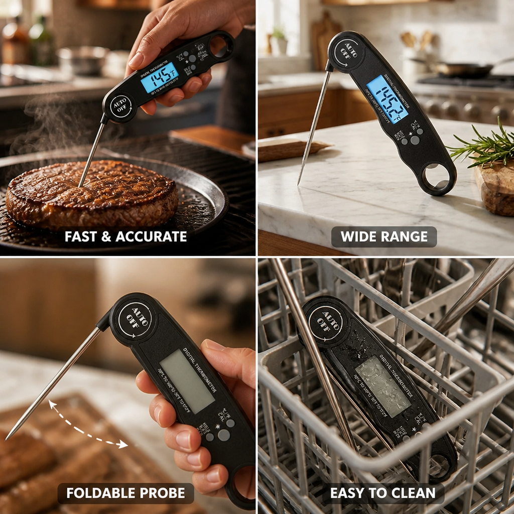 Meat Thermometer Instant-Read Foldable Probe & Backlit Display