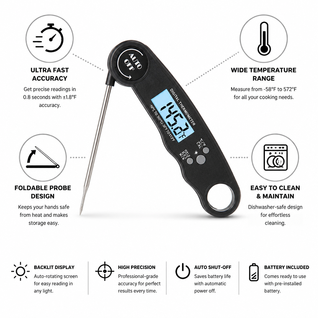 Meat Thermometer Instant-Read Foldable Probe & Backlit Display