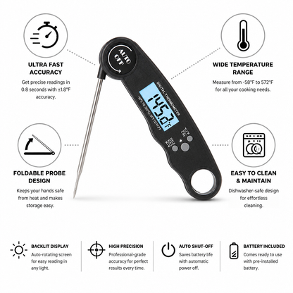 Meat Thermometer Instant-Read Foldable Probe & Backlit Display
