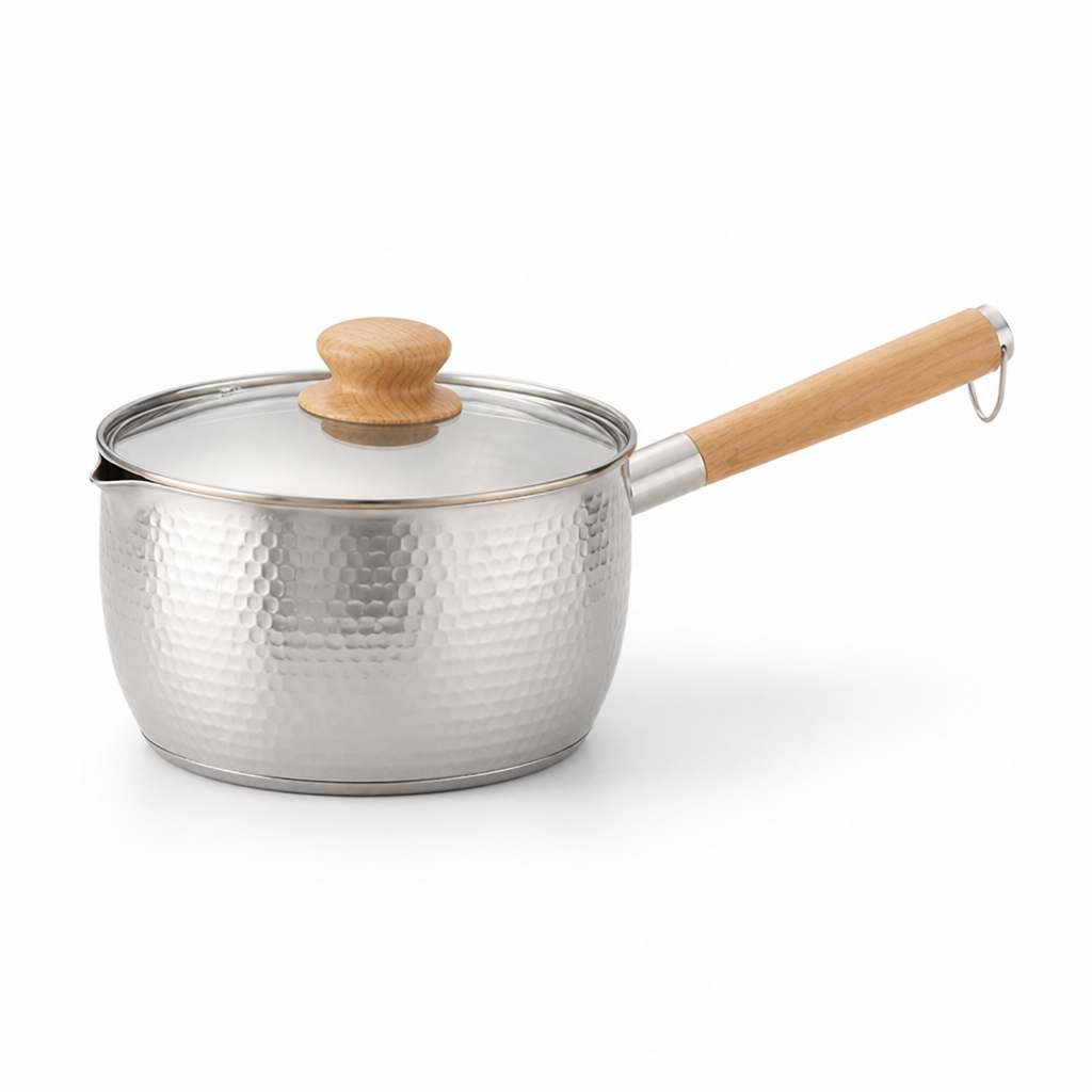 Milk Pot Stainless Steel & Glass Lid Wooden Handle