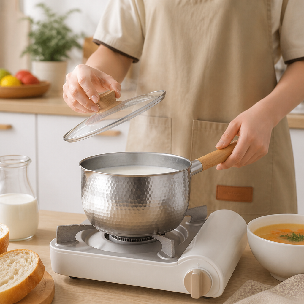 Milk Pot Stainless Steel & Glass Lid Wooden Handle