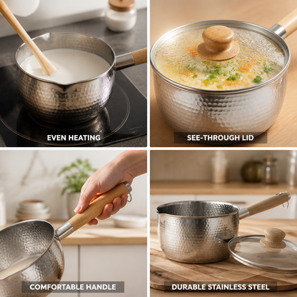 Milk Pot Stainless Steel & Glass Lid Wooden Handle