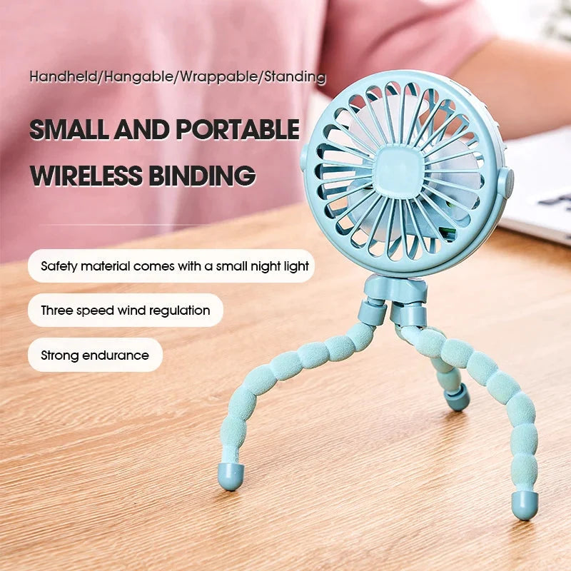 Mini Fan Flexible Tripod 3-Speed USB Night Light