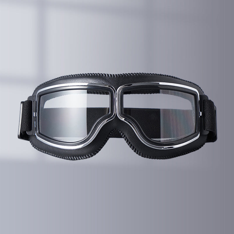 Motorcycle Goggles Leather Frame Polycarbonate Lenses & Adjustable Strap