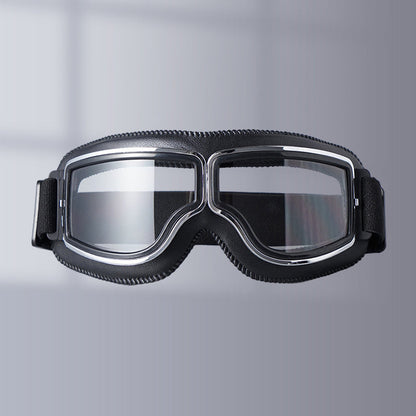 Motorcycle Goggles Leather Frame Polycarbonate Lenses & Adjustable Strap