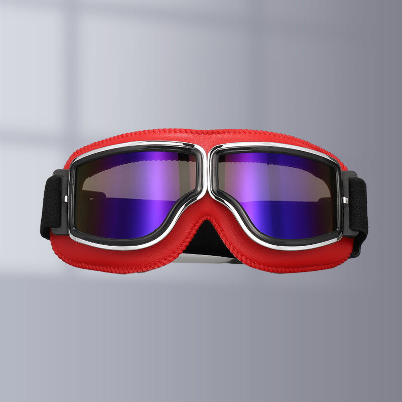 Motorcycle Goggles Leather Frame Polycarbonate Lenses & Adjustable Strap