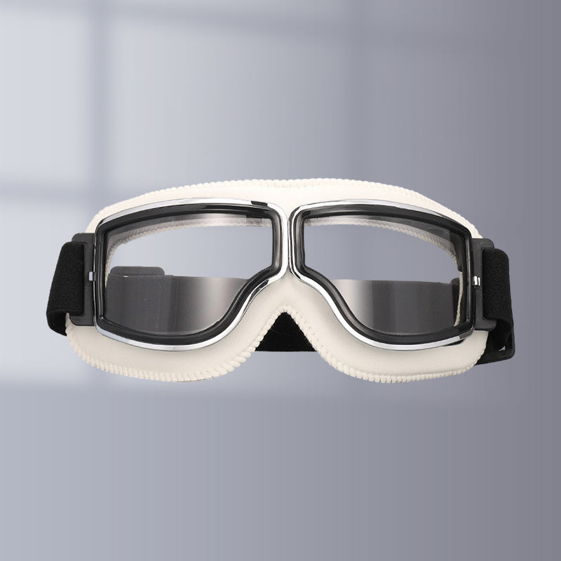 Motorcycle Goggles Leather Frame Polycarbonate Lenses & Adjustable Strap