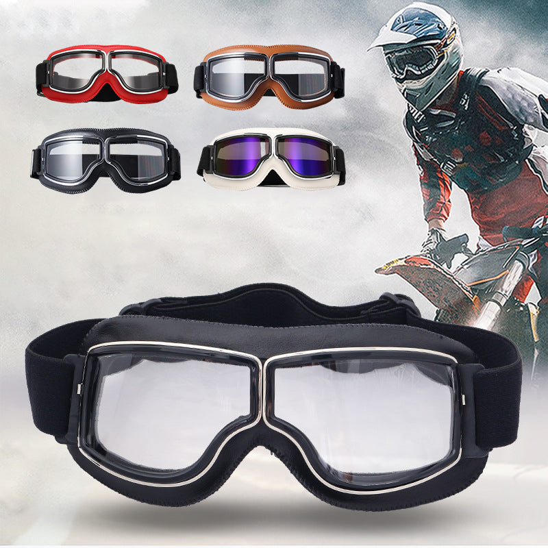 Motorcycle Goggles Leather Frame Polycarbonate Lenses & Adjustable Strap