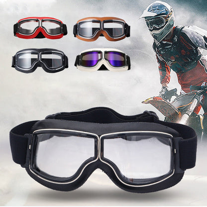 Motorcycle Goggles Leather Frame Polycarbonate Lenses & Adjustable Strap