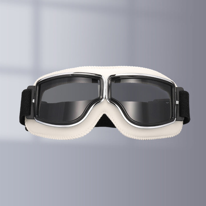 Motorcycle Goggles Leather Frame Polycarbonate Lenses & Adjustable Strap