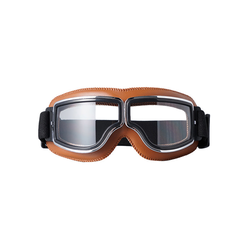 Motorcycle Goggles Leather Frame Polycarbonate Lenses & Adjustable Strap