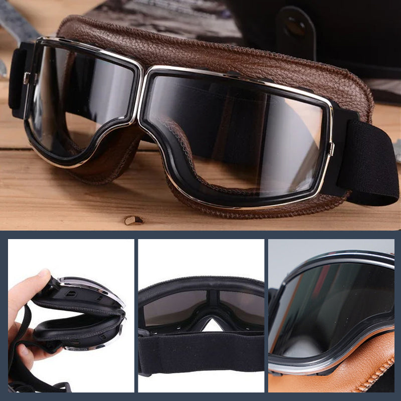 Motorcycle Goggles Leather Frame Polycarbonate Lenses & Adjustable Strap