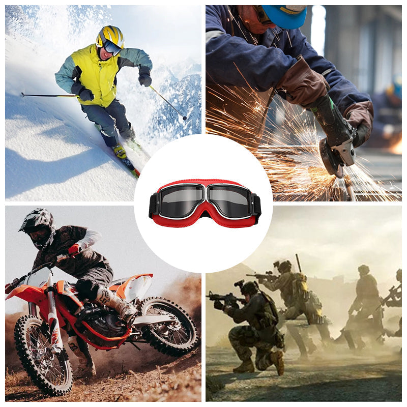 Motorcycle Goggles Leather Frame Polycarbonate Lenses & Adjustable Strap