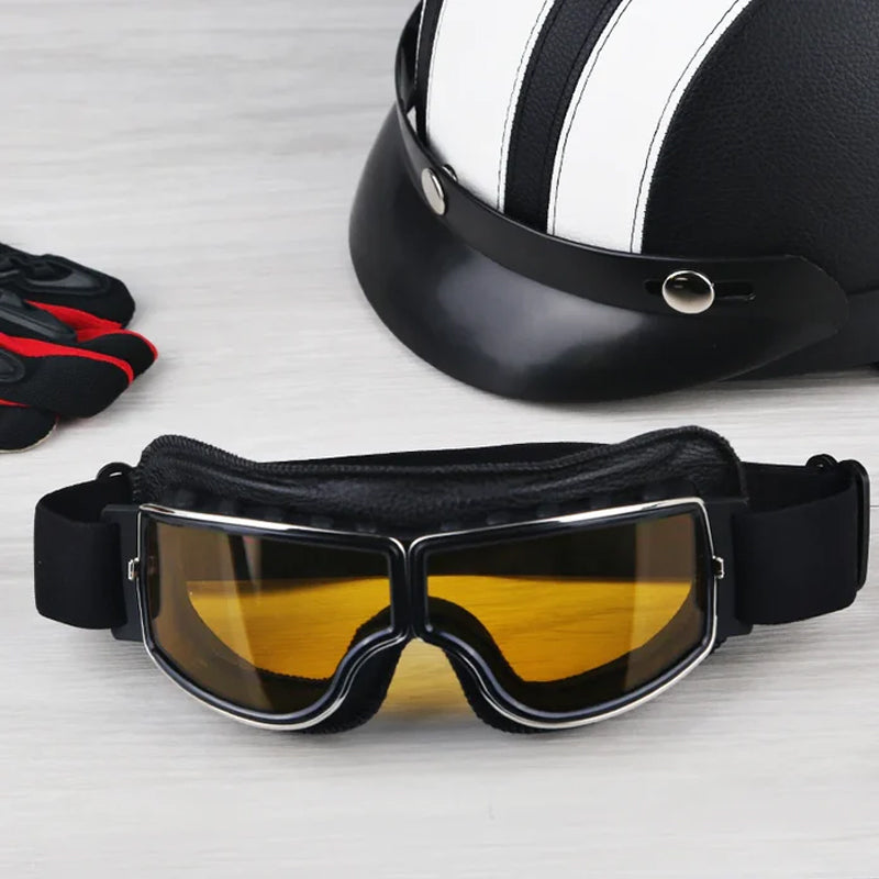 Motorcycle Goggles Leather Frame Polycarbonate Lenses & Adjustable Strap