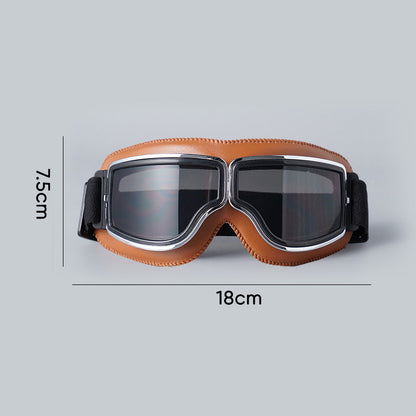 Motorcycle Goggles Leather Frame Polycarbonate Lenses & Adjustable Strap