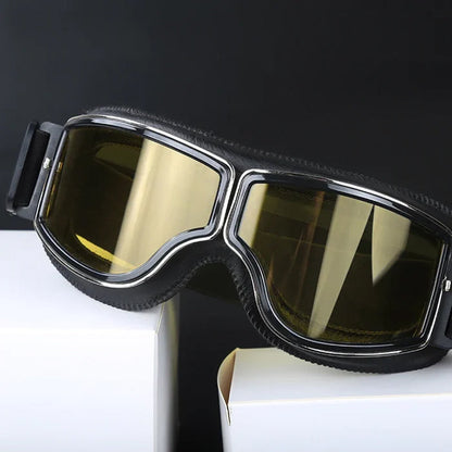 Motorcycle Goggles Leather Frame Polycarbonate Lenses & Adjustable Strap