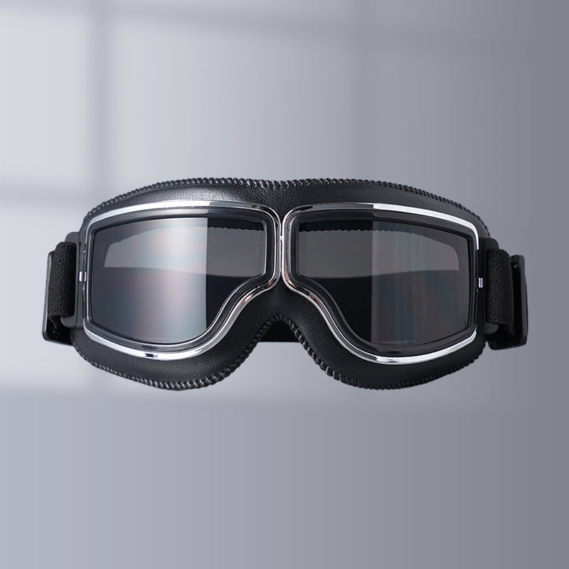 Motorcycle Goggles Leather Frame Polycarbonate Lenses & Adjustable Strap
