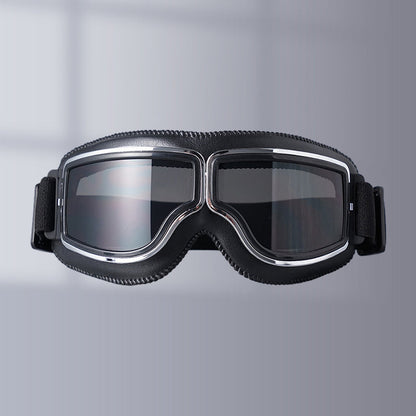 Motorcycle Goggles Leather Frame Polycarbonate Lenses & Adjustable Strap