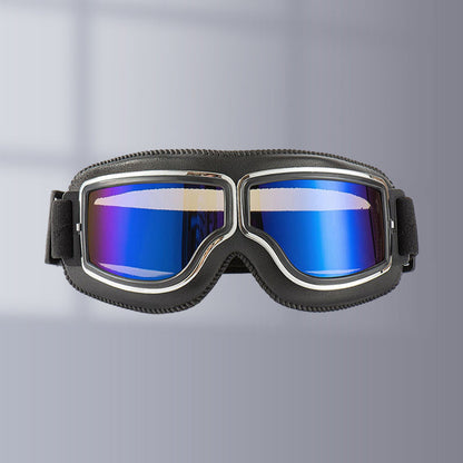 Motorcycle Goggles Leather Frame Polycarbonate Lenses & Adjustable Strap